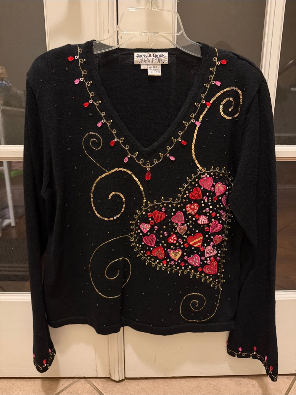Jack B. Quick V-Neck Sweater with Red & Pink Heart Embellishments